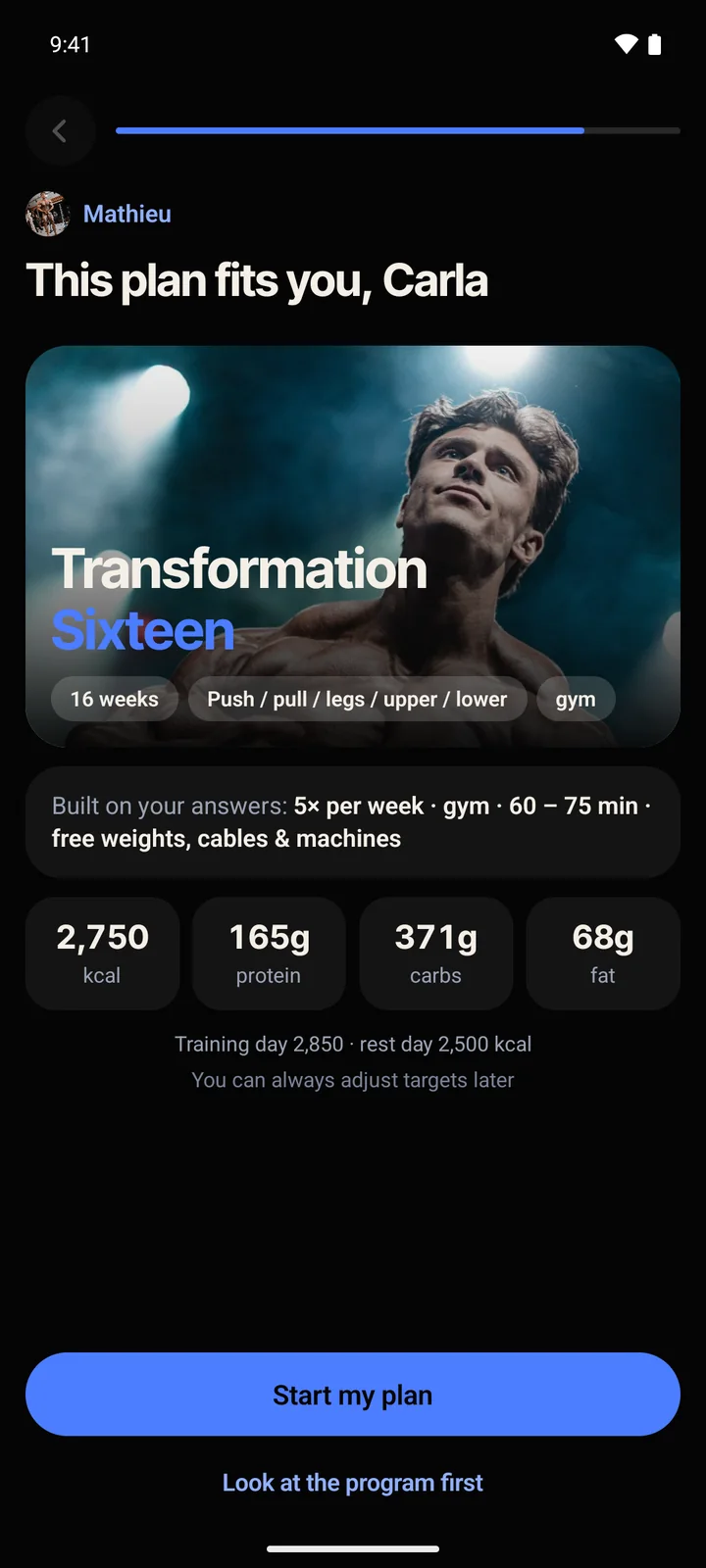 Your plan is ready: Transformation 16 with your calories and macros