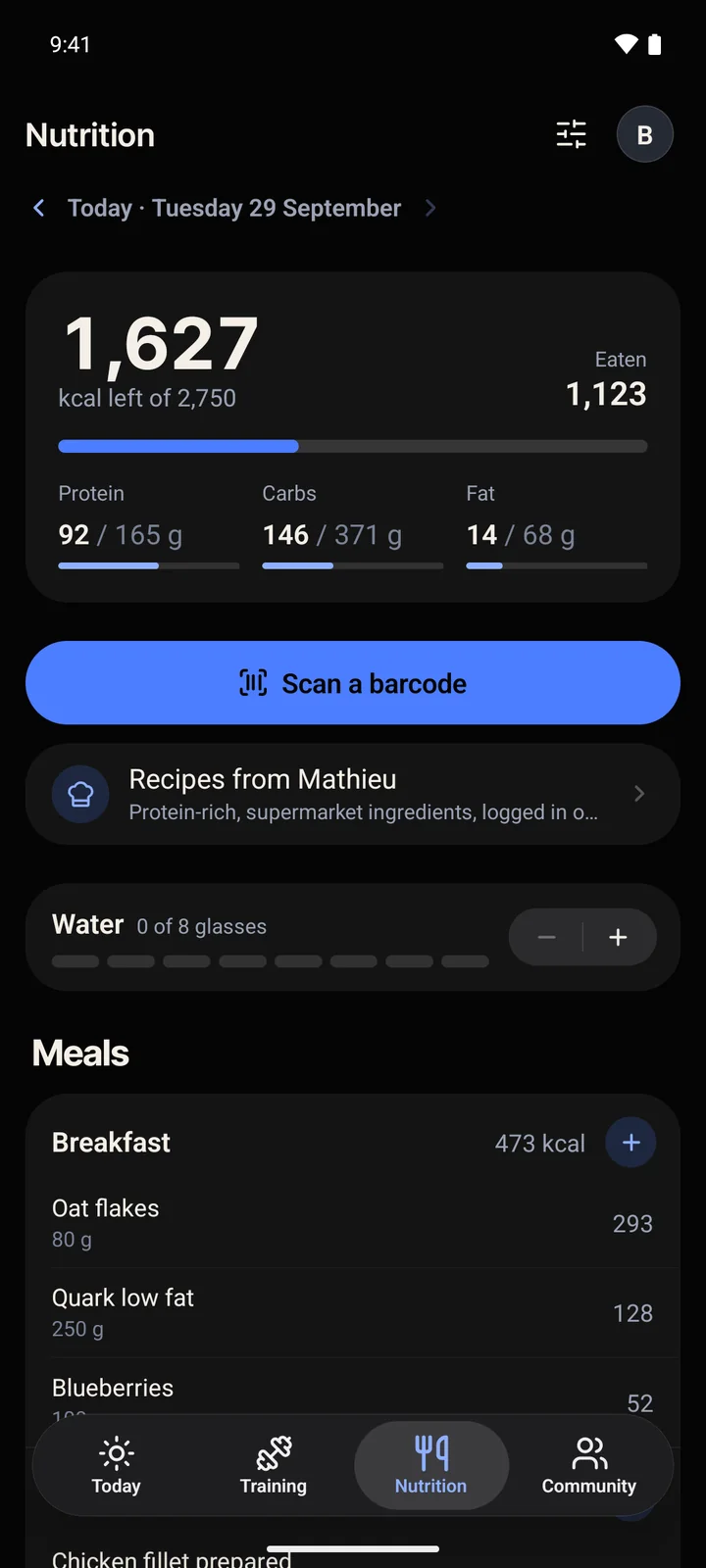 The app, Nutrition screen: today’s calories and macros, the barcode scanner and breakfast