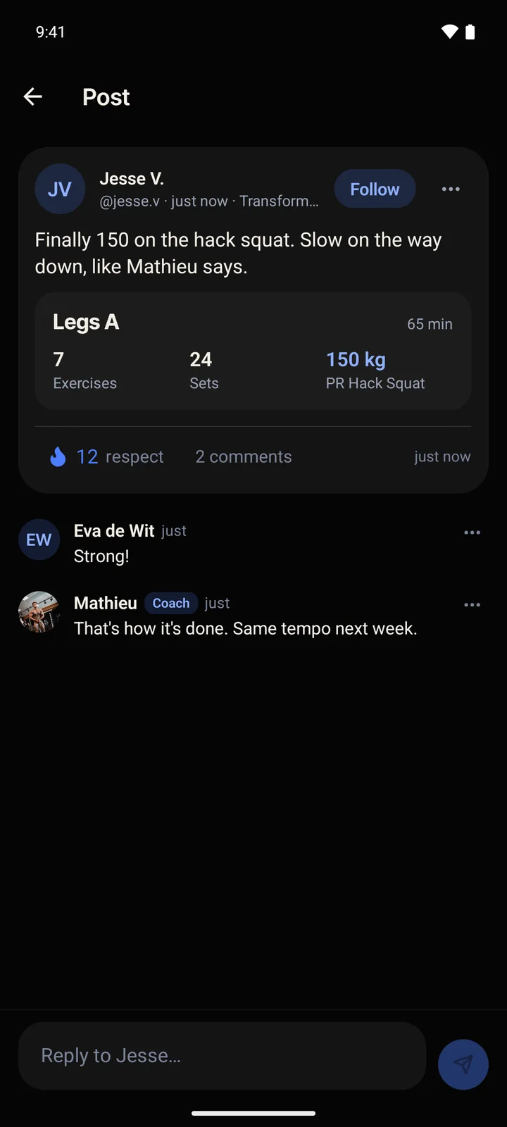 A post in the community with respect and comments, including one from Mathieu
