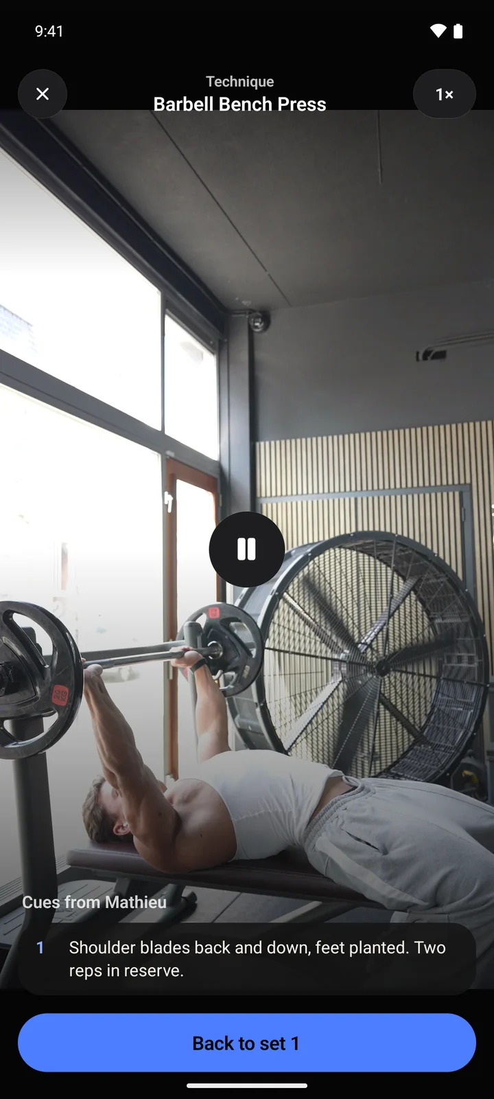 Technique video in the app: Mathieu demonstrates the Barbell Bench Press, with his cues below