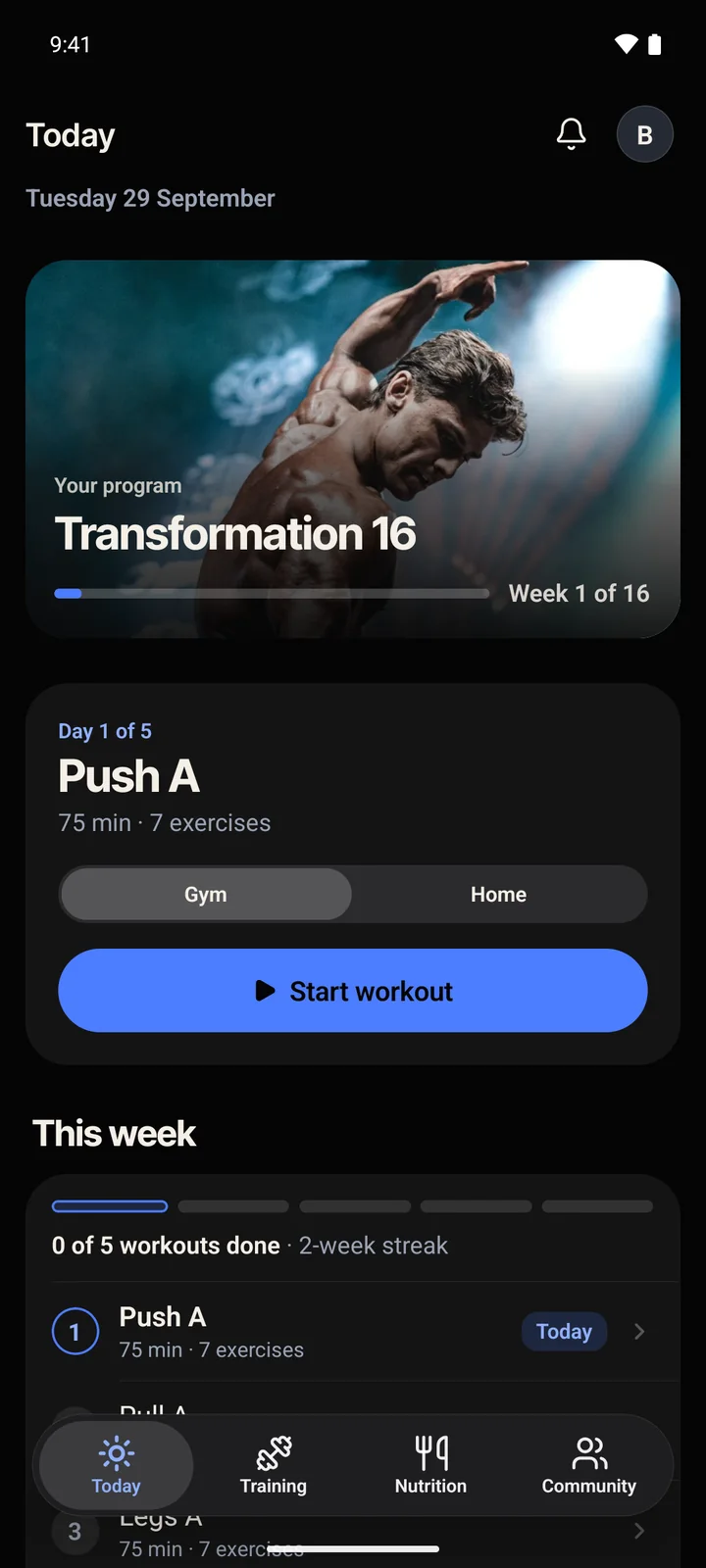 The app, Today screen: the Transformation 16 program, the Push A workout and the Start workout button