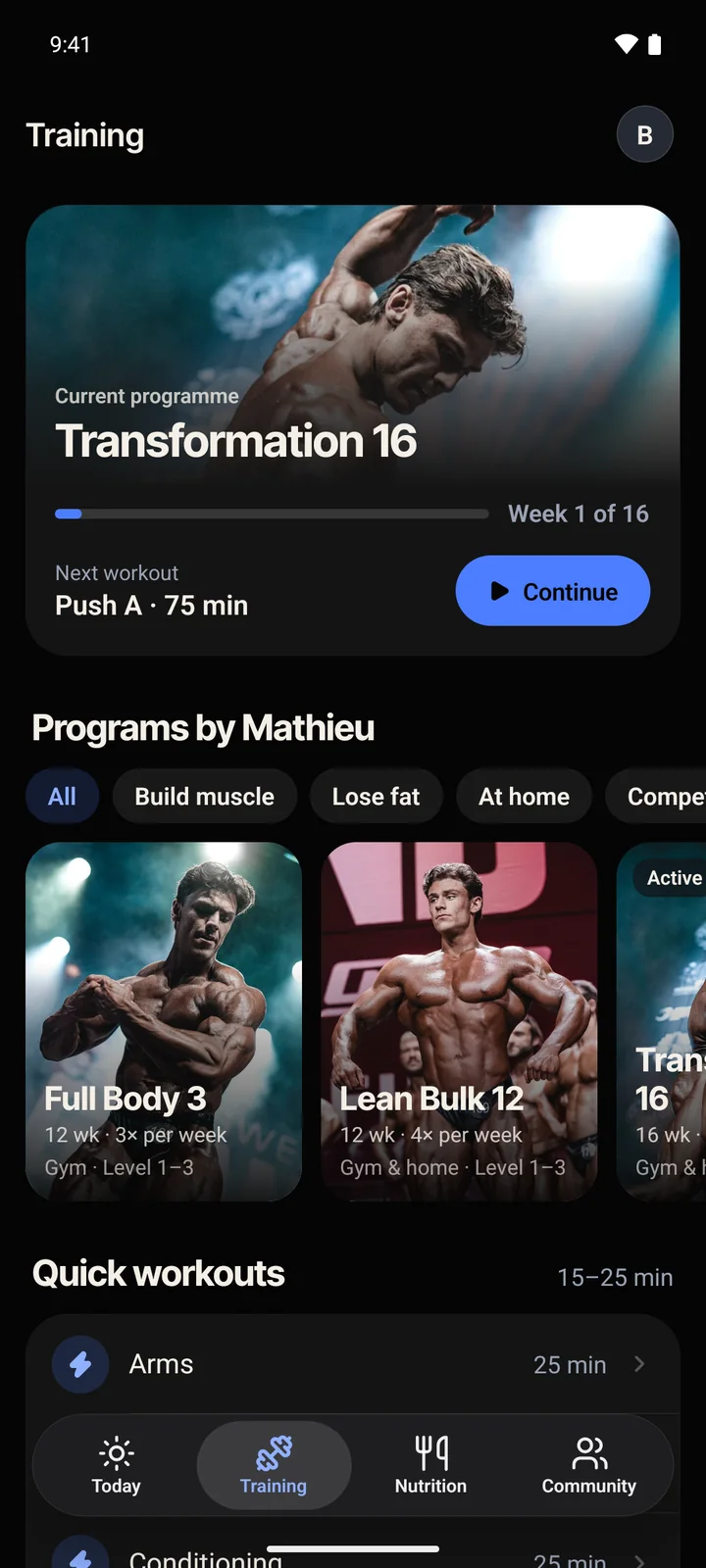 The app, Training screen: the current program and Mathieu’s programs